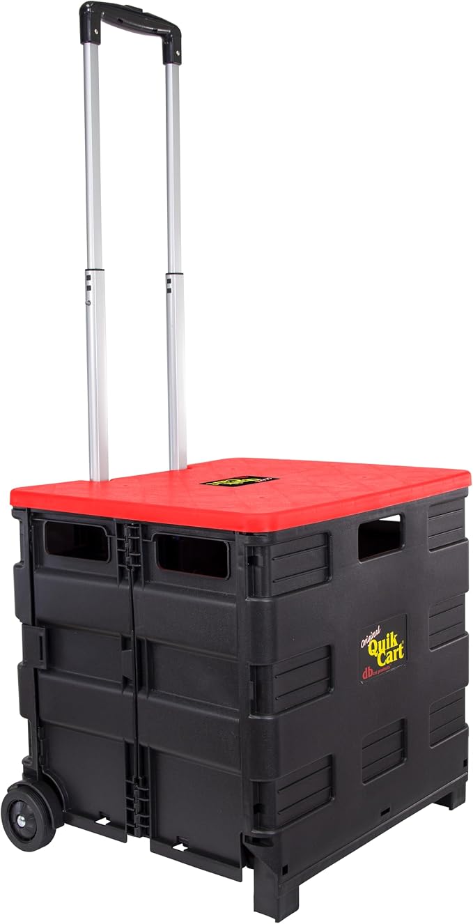 dbest products Quik Cart Collapsible Rolling Crate on Wheels for Teachers Tote Basket 80 lbs Capacity, Made from Heavy Duty Plastic and used as a Seat, Standard, Red | with Wheels, Roll Up to 80 lbs Capacity, Heavy Duty Plastic Construction, Telescopin...