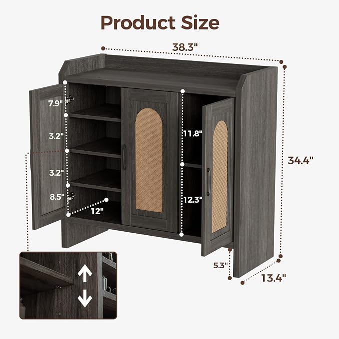 Rattan Shoe Storage Cabinet, Farmhouse Shoe Cabinets Storage for Entryway, Boho Wooden Shoe Rack with 3 Doors for Entryway, Hallway (Black, 3 Door)