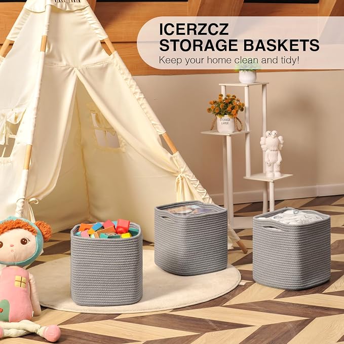 ICERZCZ 11 Inch Cube Storage Bins, Storage Cube Organizer Bins, Woven Cotton Rope Basket for Storage, Storage Baskets for Organizing Shelves, Grey Baskets for Toys Nursery, Grey (Pack of 3)