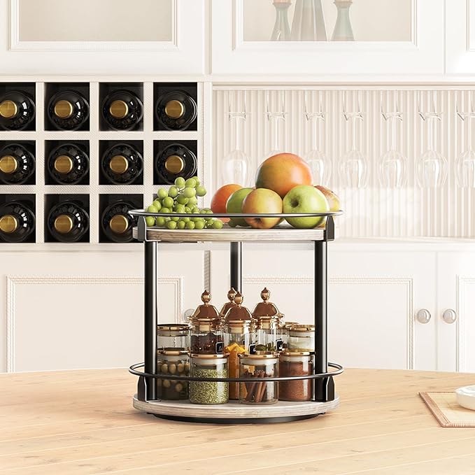 YATINEY Lazy Susan Organizer, Rotating Spice Rack, 2 Tier Spice Turntable Organizer, Industrial Turntable Spice Holder, for Kitchen Countertop and Cabinet, Compact and Versatile, Greige SR22BG