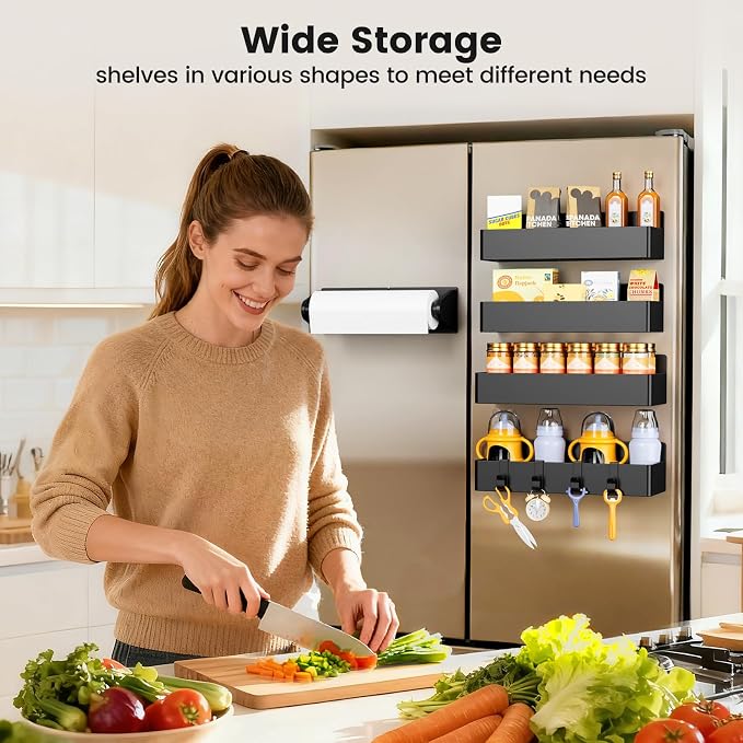 Mystozer Magnetic Spice Rack for Refrigerator,5 Pack Magnetic Shelf,Fridge Magnet Organizer with Paper Towel Holder,Fridge Organizers and Storage Black(5 Pack)