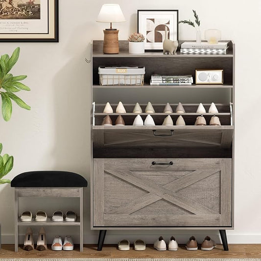 EOYUTLLY Shoe Cabinet with Bench, Shoe Organizer Cabinet with 2 Flip Drawers & Open Shelf, Narrow Shoe Storage Cabinet for Entryway, Freestanding Shoe Rack with Legs, Grey