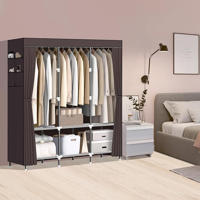 LOKEME Wardrobe Closet,Steel Pipe Diameter 19mm,Portable Closet for Bedroom | Strong and Sturdy Portable Closets for Hanging Clothes with 3 Hanging rods, 6 Storage Shelves and Side Pockets