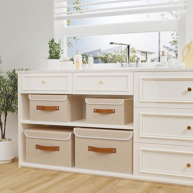 OUTBROS Storage Boxes, 10.2x7.9x6.7 in Bins with Lids, Beige | Cotton and linen cloth Storage Baskets with Handle, for Books, Closet, Bedroom, Home