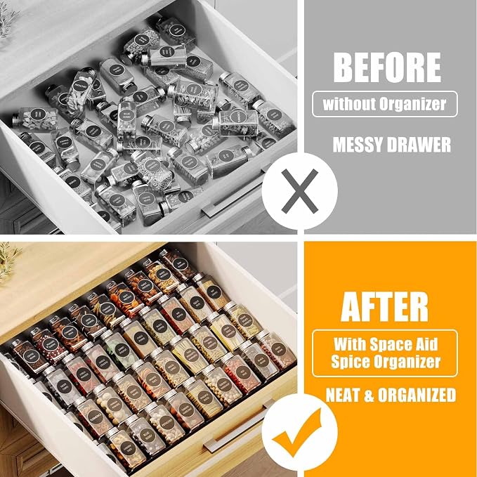 Famhap Spice Drawer Organizer Expandable 4 Tier for 11.6"-23.2" Wide Drawer | Durable Plastic, Slanted Seasoning Drawer Organizer, Use for Kitchen Spices Cosmetics