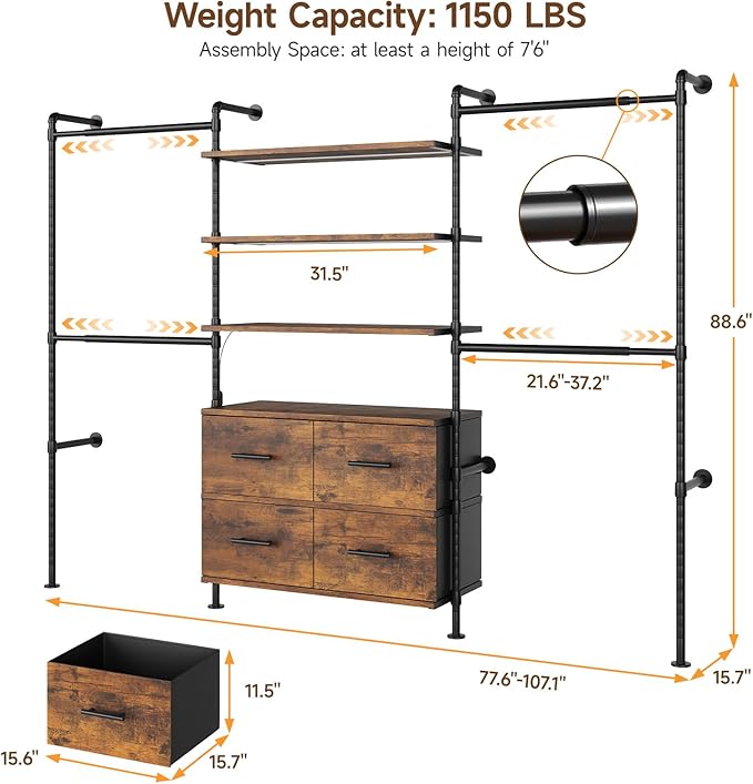 T3 Closet System with Stepless Dimmable LED Light, Industrial Pipe Clothing Rack with 4 Drawers, 6 Wooden Shelves & 4 Telescopic Rods, Heavy Duty Closet Organizers in Wardrobe Closet (Rustic Brown)