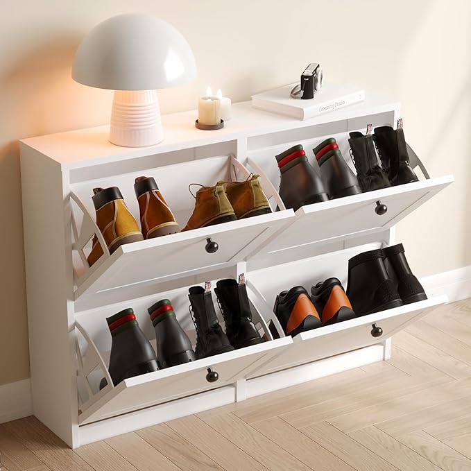 VOWNER Shoe Cabinet with 4 Flip Drawers, Freestanding Shoe Storage Cabinet with Adjustable Shelf & Anti-Tipping Device, Shoe Rack for Entryway, Hallway, Living Room (White) | 4 Flip Drawers
