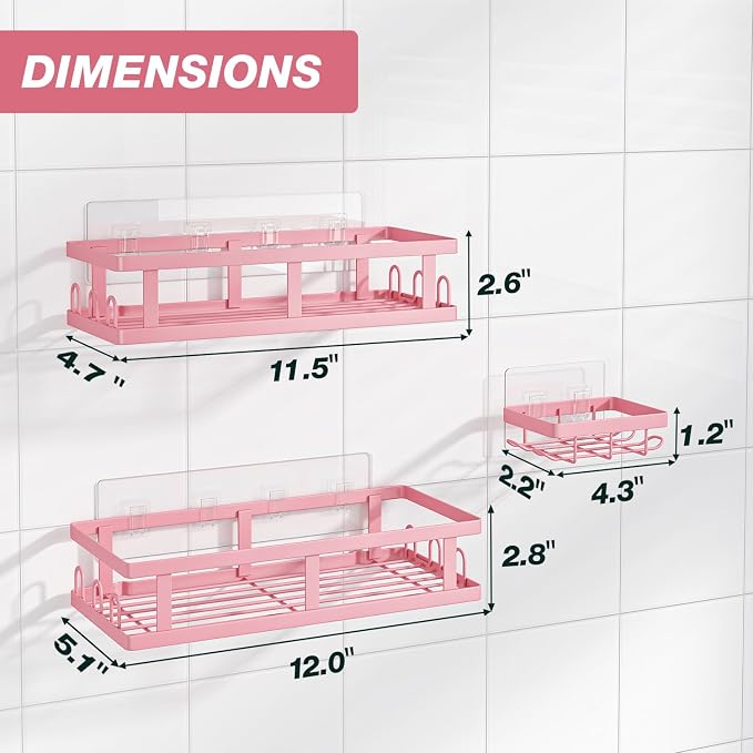 Youvip Shower Caddy Adhesive,No Drill Bathroom Organizer,Large Capacity Rustproof Shelves for Inside Shower,Bathroom Organizers and Storage,Pink
