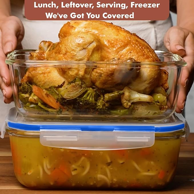 Razab 4 PC 1860ml / 63 Oz / 8 Cups Large Glass Food Storage Containers with Lids - Glass Meal Prep Containers for Roasting & Storing Leftover, Lunch Container with Lids, Microwave & Oven Safe