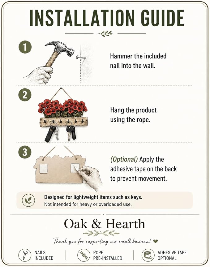 Oak & Hearth Wooden Key Holder for Wall – Rustic Poppy Flower Key Rack with 6 Hooks – Farmhouse Entryway Organizer & Wall Decor
