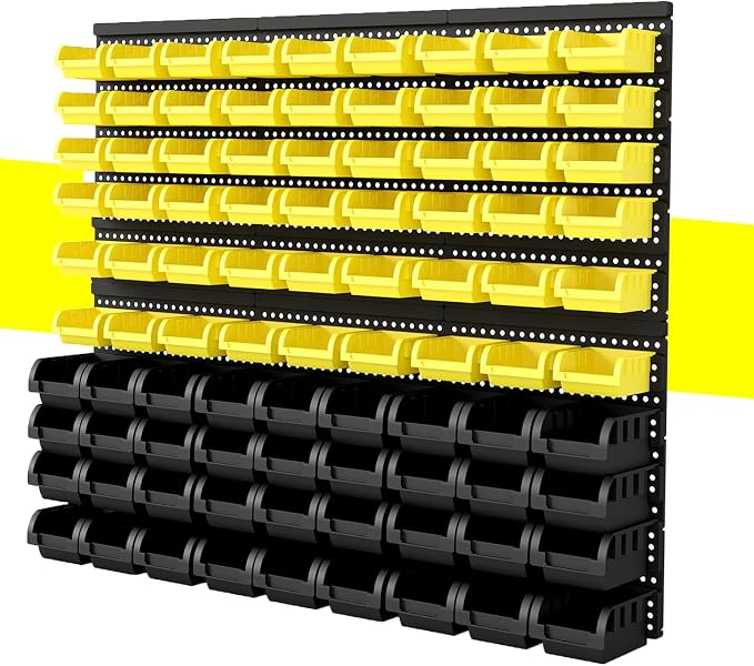 90Pcs Plastic Wall Mounted Storage Bins Parts Rack Nuts And Bolt Bins Organizer For Shop Garage for Screws, Nuts, Bolts, Nails, Beads, and Small Hardware Parts(YELLOW+BLACK, 90)