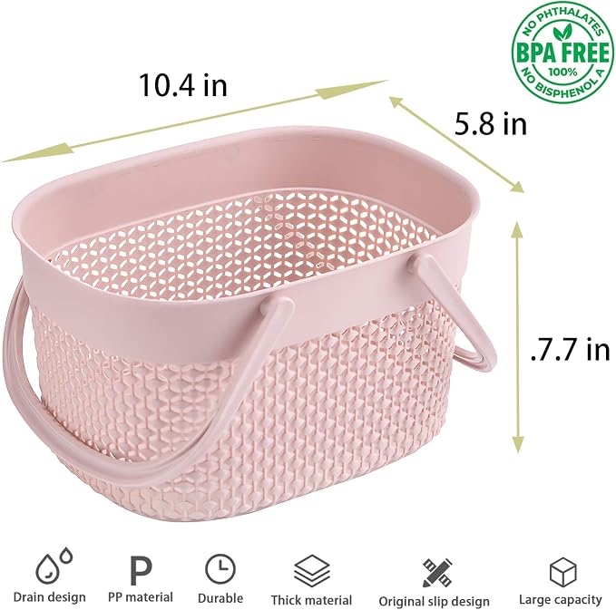 rejomiik Portable Shower Caddy Basket, Plastic Organizer Storage Tote with Handles Toiletry Bag Bin Box for Bathroom, College Dorm Room Essentials, Kitchen, Camp, Gym, Pink | Organizer Storage Tote Toiletry Bin for Bathroom, College Dorm Essentials, Ki...