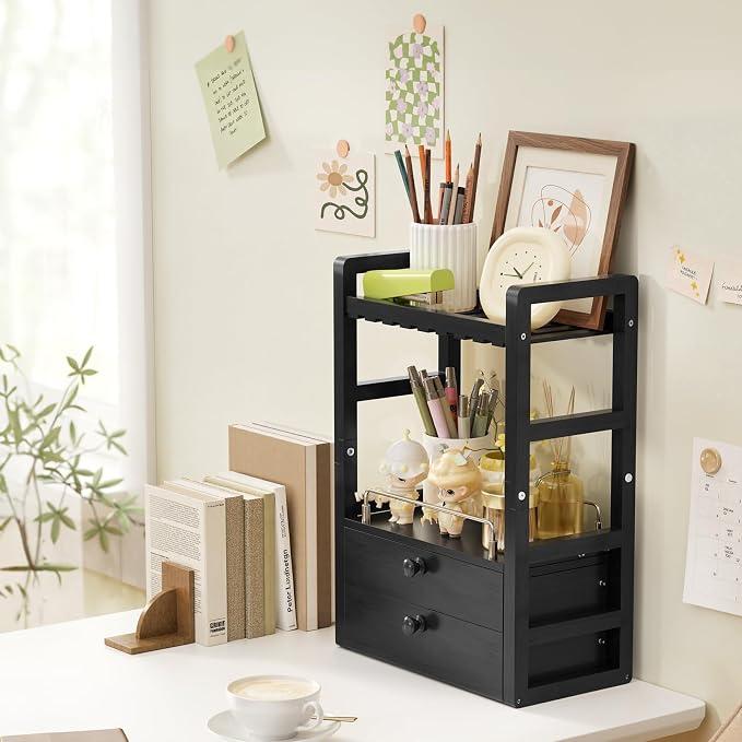 AmazerBath Bamboo Bathroom Counter Organizer, 2-Tier Makeup Organizer with 2 Drawers, Vanity Organizer Storage Coffee Matcha Station, Compact Shelf for Bathroom Kitchen Office Countertop, Black