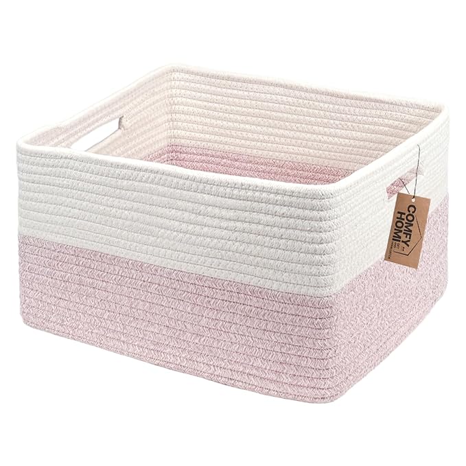 COMFY-HOMI Cotton Rope Woven Basket with Handles for Shelves,Toys,Book, Cloth Storage Baskets Bin for Organizing- 1 PCSToy Decorative Organizer for Living Room, Bathroom 17" x 13" x 7.5"