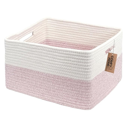 COMFY-HOMI Cotton Rope Woven Basket with Handles for Shelves,Toys,Book, Cloth Storage Baskets Bin for Organizing- 1 PCSToy Decorative Organizer for Living Room, Bathroom 17" x 13" x 7.5"
