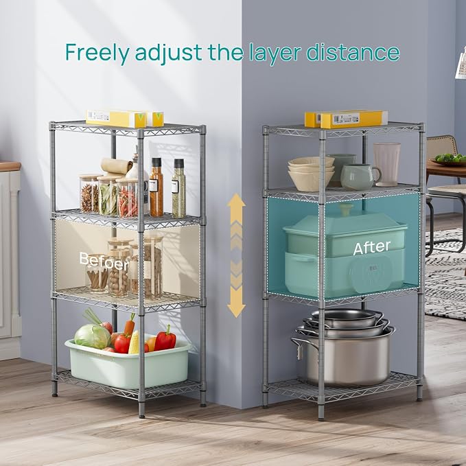 SINGAYE 4 Metal Shelves Wire Shelving Storage Shelf Adjustable Unit Pantry | 4 Tier Kitchen Laundry Room Organization Home Pantry Closet Bathroom Organizers Garage Rack 14" D x 24" W x 48" H Gray