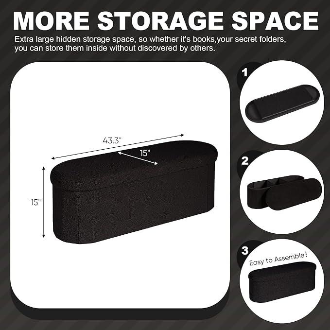 PINPLUS Storage Ottoman Bench Tufted Oval Ottomans Bench Foot Rest, Chest Box Velvet Bench with Storage 43"x15"x15" (Black)
