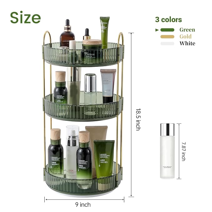 Aveniee Rotating Makeup Organizer for Vanity, Perfume Skin Care Organizers Large, Bathroom Counter Make Up Cosmetic Storage, Clear Spinning Skincare Lipstick Holder,3 Tiers, Green