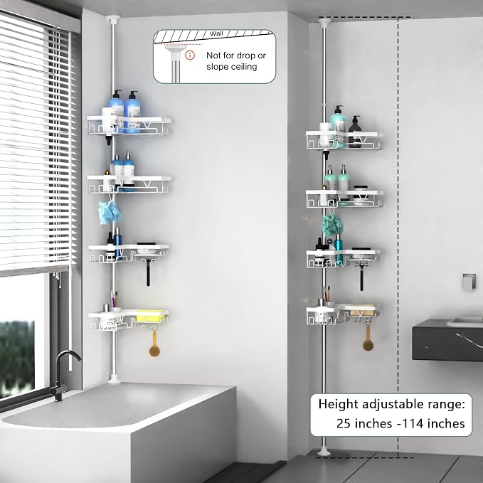 DAOYA Corner Shower Caddy Tension Pole 4 Tier Shower Caddy Organizer White | WIth 28 Hook/2 Soap Dish/ 2 Razor Holder, Rustproof, For Bathtub/Bathroom, Floor to Ceiling 25-114 Inch, Simple Install