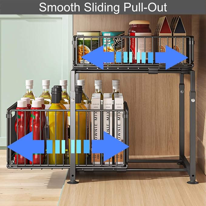 Under Sink Organizer, 2-Tier Multi-Use Kitchen and Bathroom Organizers and Storage, Slide Out Thickened Metal Under The Sink Organizer for Kitchen Bathroom Pantry (Style A White, 1 Pack)