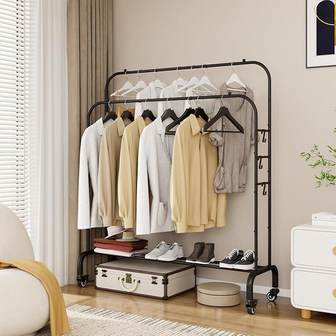 SUOERNUO Clothes Rack with Lockable Wheels Double Rods Metal Garment Racks | Portable Heavy-Duty Clothing Rack with Bottom, Rolling Clothes Shelves for Bedroom Laundry Living Room, Black