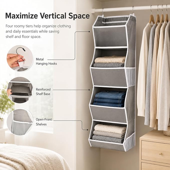 4-Shelf Hanging Closet Organizer and Storage, Fabric Storage Bins Bedroom Organization with Mesh Pockets, Collapsible Hanging Shelves Wardrobe Organization for Home, Dorm, Rv (Grey)