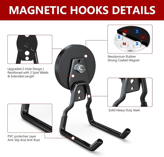 3-H Heavy Duty Magnetic Hooks,No-Drill Garage Power Tool Holder, 4 Pack | Patented Extended Right-Angle Support boosts load capacity. Works on iron & steel surfaces, perfect for workshop,shed