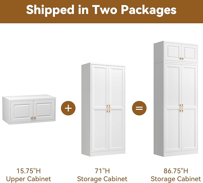 Polup 86" Tall Metal Kitchen Pantry Storage Cabinet with Doors and Shelves | Heavy-Duty White Cabinet, 4 Adjustable Shelving, Gold Handles, Magnetic Latch, for Dining Living Room, Bathroom & Garage
