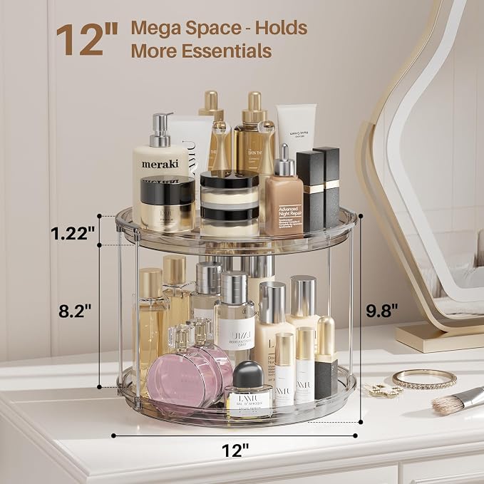 LAMU 2Pack 2 Tier Lazy Susan Organizer 12 inch Large Lazy Susan Turntable Rotating Spice Rack Organization for Cabinet, Kitchen, Pantry, Countertop, Bathroom, Vanity, Medicine Cabinet Organizer, Grey