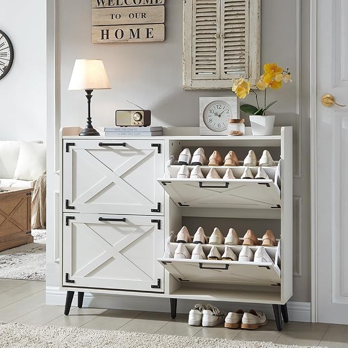 Barnyatoh Shoe Storage Cabinet,Farmhouse Shoe Organizer with 4 Flip Drawers & Barn Door Design,Freestanding Hidden Slim Narrow Shoe Rack Cabinet for Entryway,Foyer,Hallway,Antique White