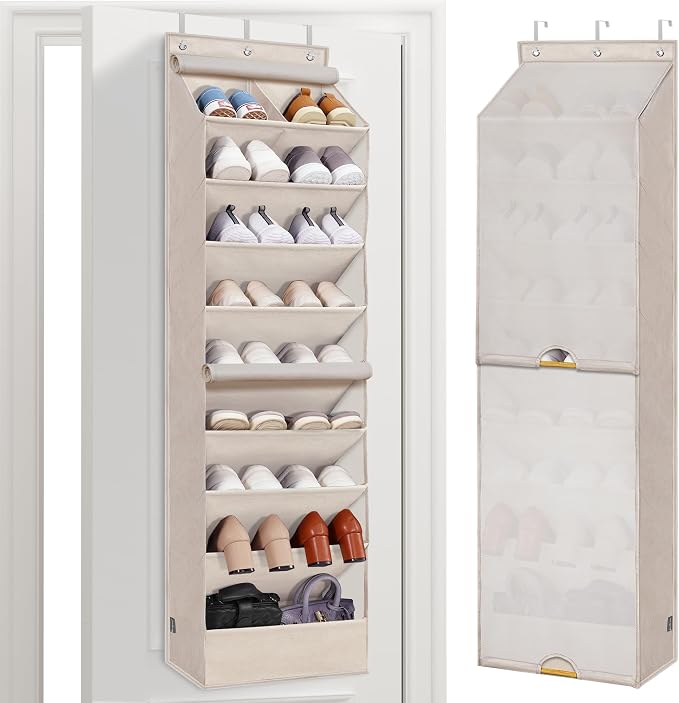 STORAGE MANIAC Over the Door Shoe Organizer with Curtain Dustproof Heavy-Duty Large Deep Pocket Hanging Shoe Organizer for Closet Dorm & Narrow Door Storage Shoe Holder Shoe Rack, 9-Shelf Beige 1 Pack