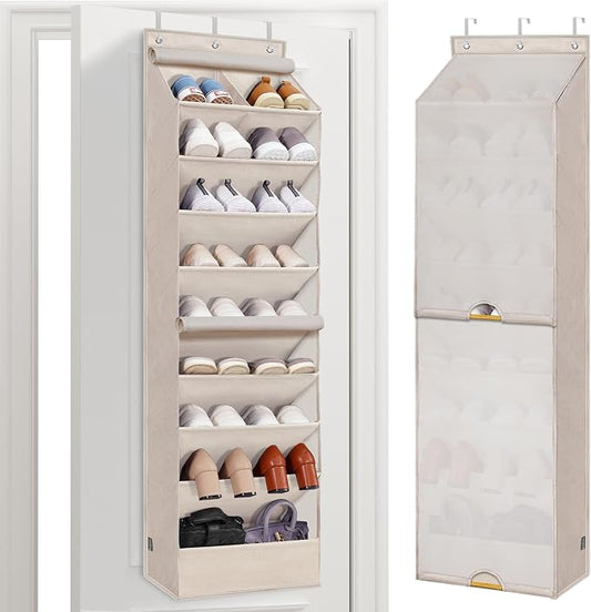STORAGE MANIAC Over the Door Shoe Organizer with Curtain Dustproof Heavy-Duty Large Deep Pocket Hanging Shoe Organizer for Closet Dorm & Narrow Door Storage Shoe Holder Shoe Rack, 9-Shelf Beige 1 Pack