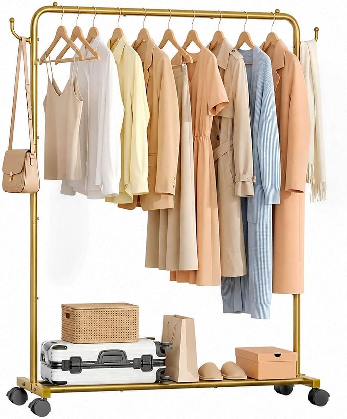 Homde Portable Clothes Rack for Bedroom: 4 Lockable Wheel Move Room-to-Room | Laundry to Closet in 1 Smooth Roll - No Heavy Lifting for Renters & Movers - 88 lbs Hanging Rod for Garment Coat to T-Shirt