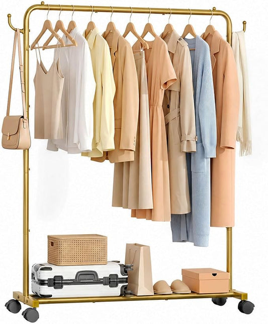 Homde Portable Clothes Rack for Bedroom: 4 Lockable Wheel Move Room-to-Room | Laundry to Closet in 1 Smooth Roll - No Heavy Lifting for Renters & Movers - 88 lbs Hanging Rod for Garment Coat to T-Shirt