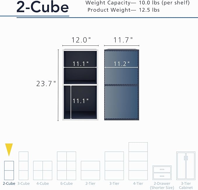 Homes: Inside + Out Apexa 2-Cube Storage Organizer Shelves, Stackable Wood Bookcase Fits Cubby Bins for Organization, Dorm Teen Room Decor & Home Office, Steel Blue