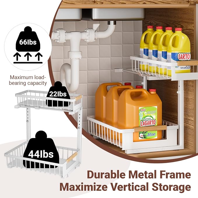 2 Pack Under Sink Organizer, 2 Tier Pull Out Cabinet Organizer with 5-Level Adjustable Height, Sliding Metal Storage Rack for Kitchen Bathroom Pantry, White