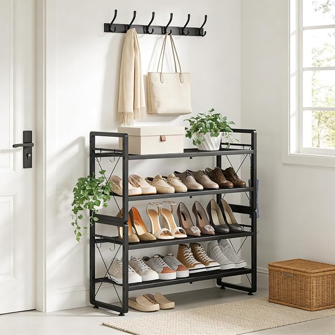 ELYKEN Expandable Shoe Rack for Closet, 4-Tier Metal Black Shoe Organizer | Adjustable Height Shoe Shelf for Boots, Heels, with 8 Hooks, Stackable Shoe Stand Holder for Entryway, Garage, Door Entrance