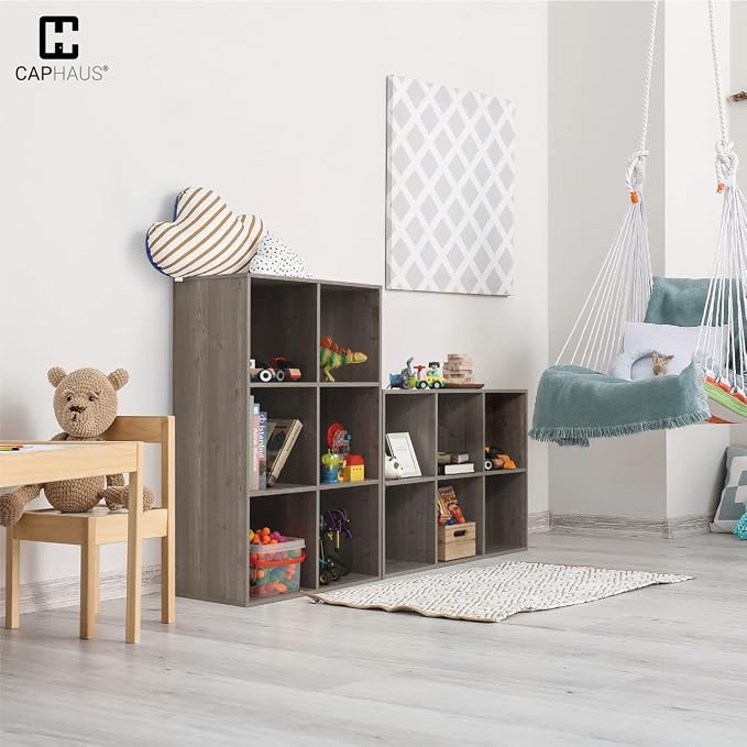 CAPHAUS Sturdy Room 11-Inch Cube Storage Organizer Shelf, with Thick Exterior Edge, Storage Shelf Divider w/Back, Bookcase, 8-Cube, Rustic Grey Oak