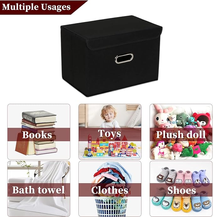 STOREONE Fabric Storage Cube Bins Foldable Organizer Container Collapsible Basket with Lids and Metal Handles, for Home, Bedroom, Closet 6 Pcs (Black)