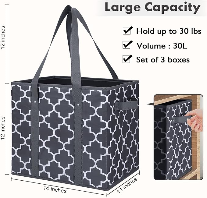 WISELIFE Reusable Grocery Bags 6-Pack Foldable Washable Large Storage Bins Basket Water Resistant Shopping Tote Bag Dark Grey