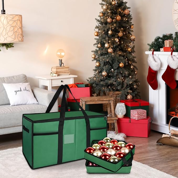 Christmas Ornament Storage Box with Dividers, Holds 128 Balls, Green | 600D Oxford Fabric, Adjustable Dividers, Removable Trays, Dual Zippers, Reinforced Handles