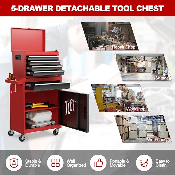 Goplus Tool Chest, 5 Drawers Rolling Tool Cabinet with Detachable Top Toolbox, Universal Lockable Wheels, Lock Bar, Protective Liner & Tool Rack, Metal Tool Storage Cart, Tool Box for Garage Workshop