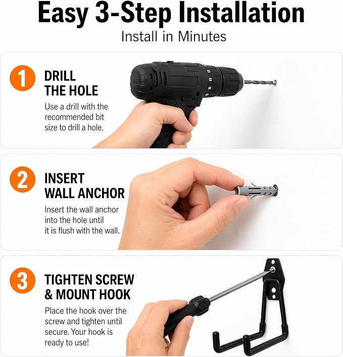 6-Pack Small Square Heavy Duty Garage Hooks, Ideal for Hanging Ladders, Bikes, Tools, Garage, Garden, Basement, Shed, Utility Room Storage (Black)