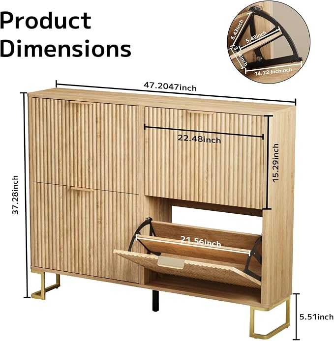 Fluted Shoe Cabinet Storage with 4 Flip Drawers, Wood Narrow Hidden Shoe Cabinet with Metal Legs & Adjustable 2 Tier Shelf for Entryway, Freestanding Slim Shoe Rack Organizer for Hallway Living Room
