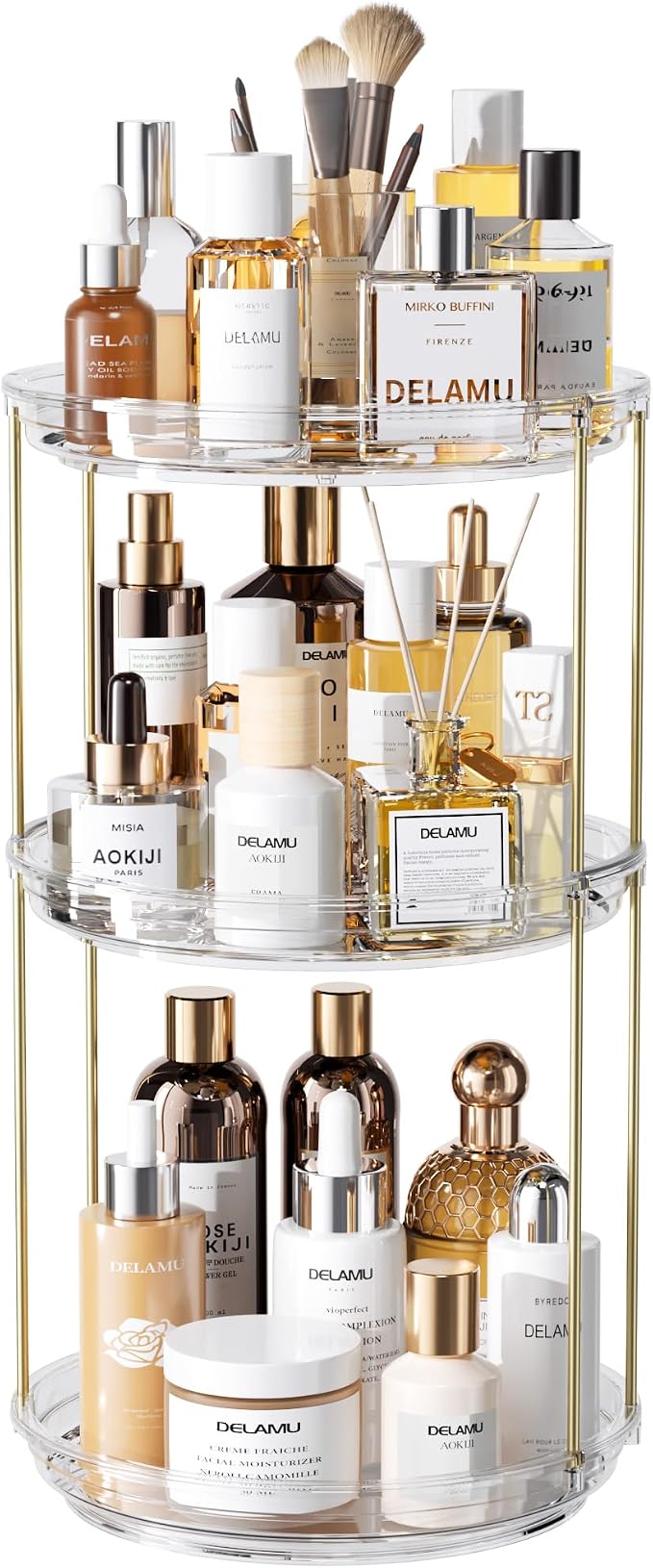 Delamu 3 Tier Rotating Makeup Organizer for Vanity, Bathroom Counter Organizer with Stackable Design, Spinning Skincare Organizer for Bathroom Countertop, Perfume Cosmetic Storage, Clear