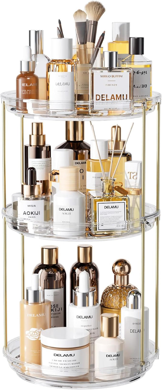 Delamu 3 Tier Rotating Makeup Organizer for Vanity, Bathroom Counter Organizer with Stackable Design, Spinning Skincare Organizer for Bathroom Countertop, Perfume Cosmetic Storage, Clear