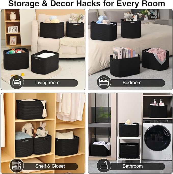 ICERZCZ Woven Cotton Rope Storage Baskets for Organizing & Shelves, Organization Bins for Dog Toys, Clothes, Books, Nursery Organizer, 15"x11"x9", Black (4 Packs)