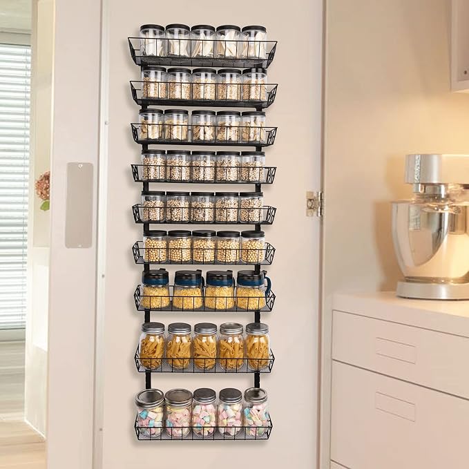 SWOMMOLY Wall Mount Spice Rack Organizer, 9-Tier Adjustable Dual-Use Shelf | Hanging Spice Rack Organizer, Kitchen Pantry Cabinet Storage Holder for Spices, Mason Jars, Bottles & Cans, Black