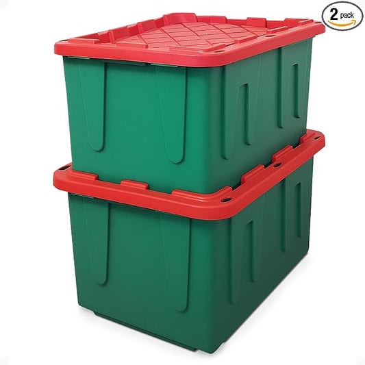 HOMZ Durabilt Plastic Storage Bins with Lids, 27 Gal, Red/Green, 2 Pack | Heavy-Duty Large Stackable Container Seasonal Boxes for Home, Attic, and Garage Organization