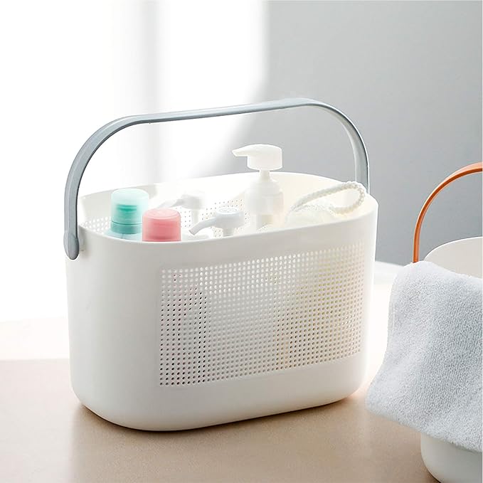 Plastic Portable Shower Caddy Basket, Storage Organizer with Handle, Grey | Bottom Drain Holes, Keep Dry, Sturdy and Durable, Easy to Carry for Bathroom, Kitchen, Dorm Room, RV, College